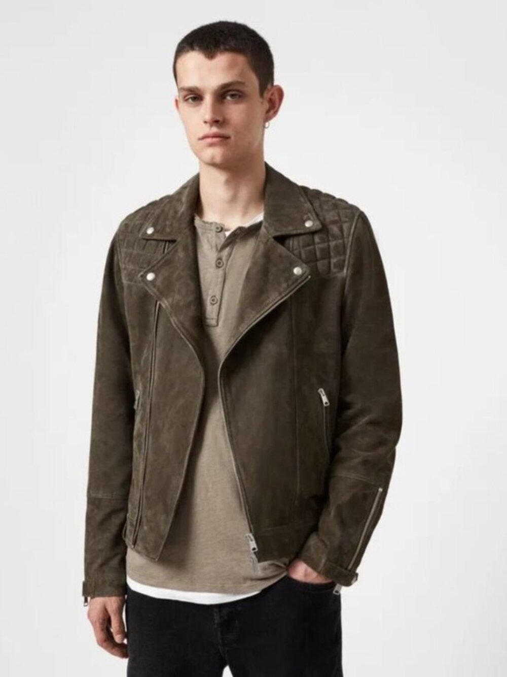 Allsaints Whelan Quilted Shoulder Suede Moto Biker Jacket Balkan Olive Green S